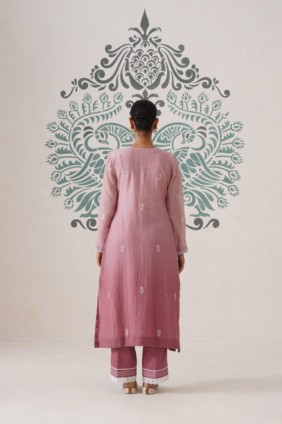 Chikankari Mul Chanderi 3pc Suit - Ombre Dusty Rose