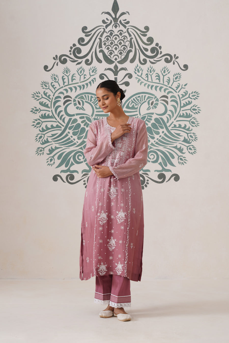 Chikankari Mul Chanderi 3pc Suit - Ombre Dusty Rose
