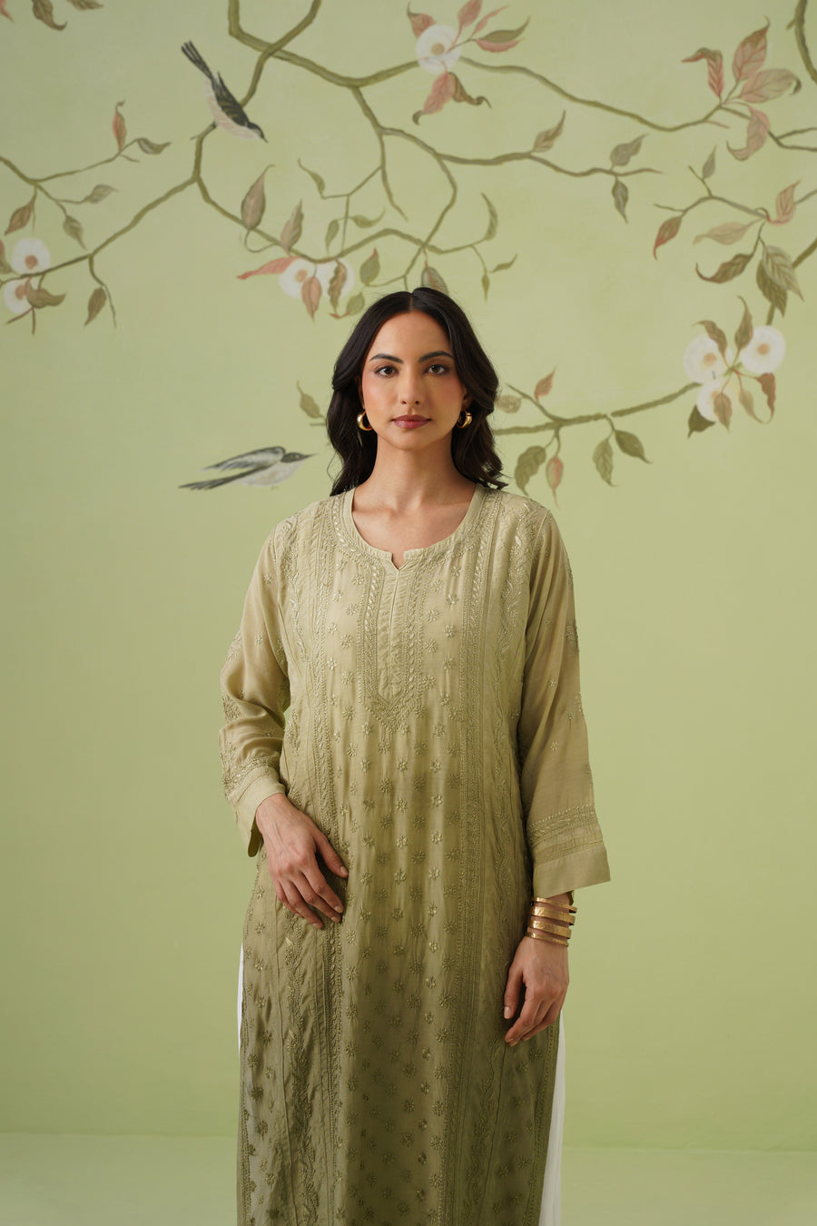 Muslin Chikankari Long Kurti - Ombre Sage Green