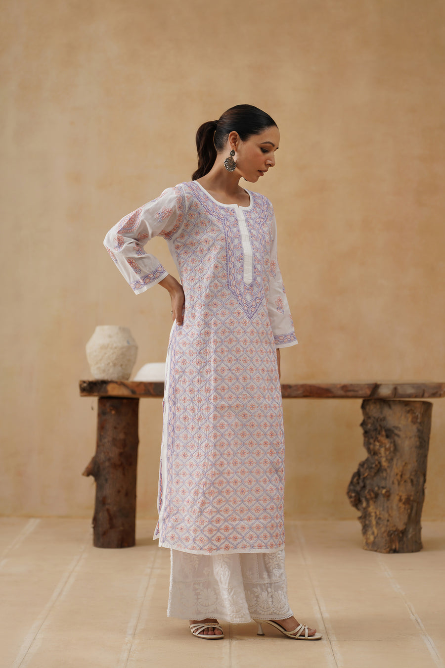 Cotton Long Kurti - White & Lilac