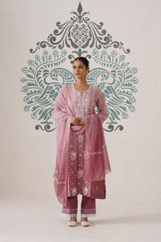 Chikankari Mul Chanderi 3pc Suit - Ombre Dusty Rose