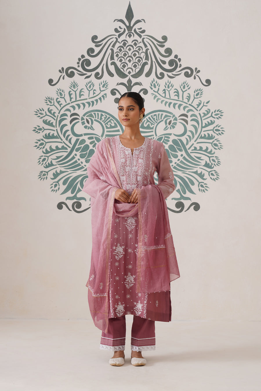 Chikankari Mul Chanderi 3pc Suit - Ombre Dusty Rose
