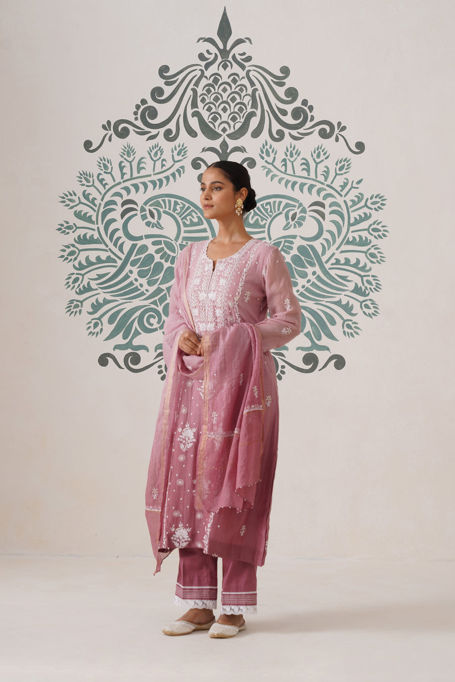 Chikankari Mul Chanderi 3pc Suit - Ombre Dusty Rose