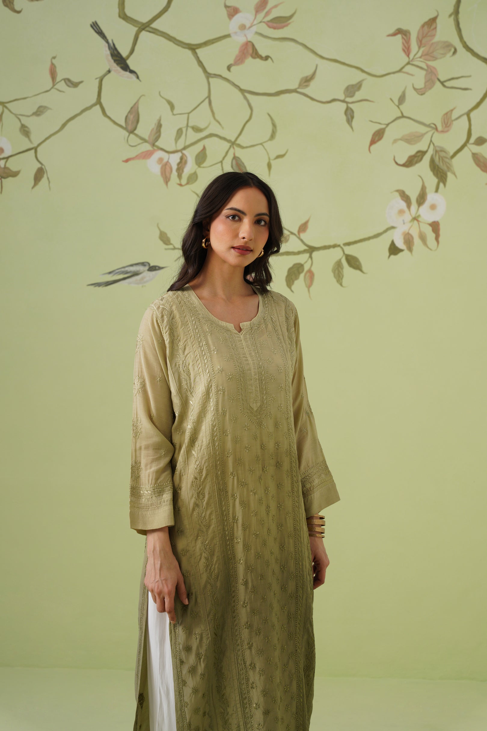 Muslin Chikankari Long Kurti - Ombre Sage Green