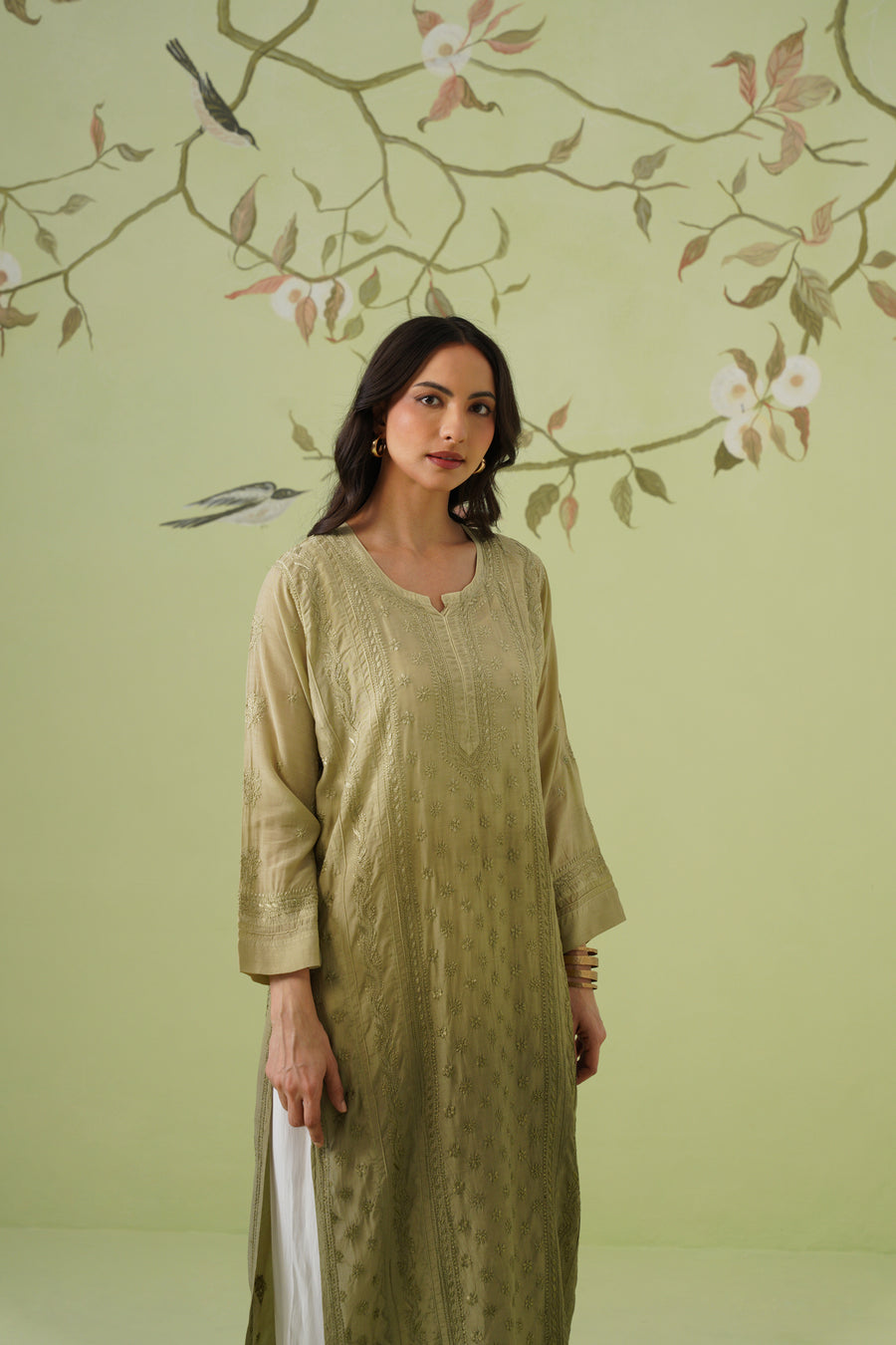 Muslin Chikankari Long Kurti - Ombre Sage Green