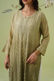 Muslin Chikankari Long Kurti - Ombre Sage Green