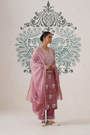 Chikankari Mul Chanderi 3pc Suit - Ombre Dusty Rose