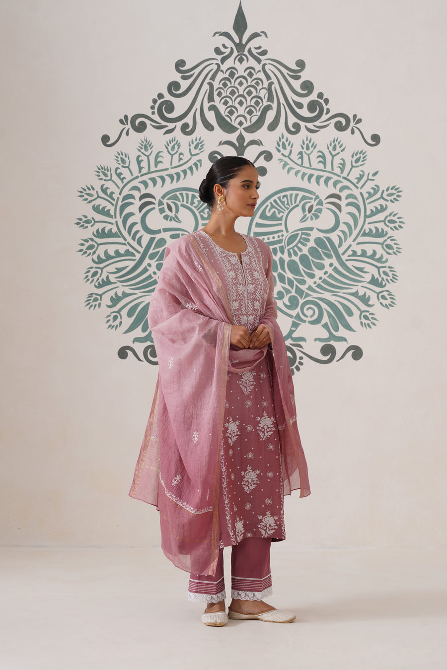 Chikankari Mul Chanderi 3pc Suit - Ombre Dusty Rose