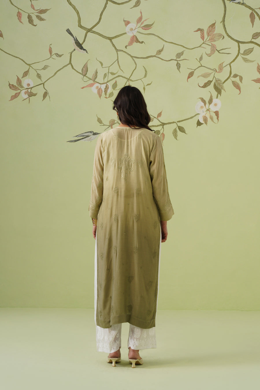 Muslin Chikankari Long Kurti - Ombre Sage Green