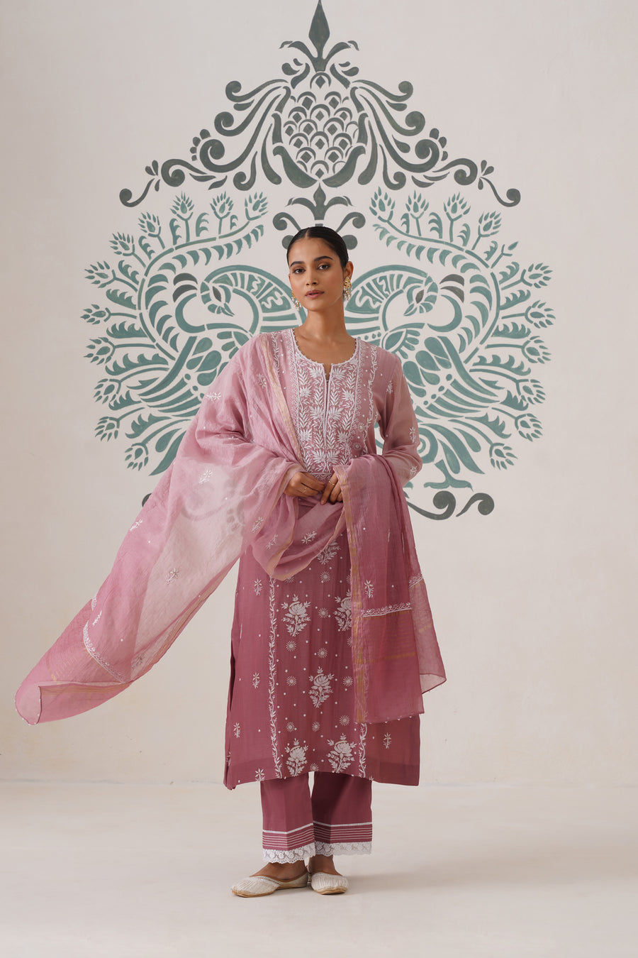 Chikankari Mul Chanderi 3pc Suit - Ombre Dusty Rose