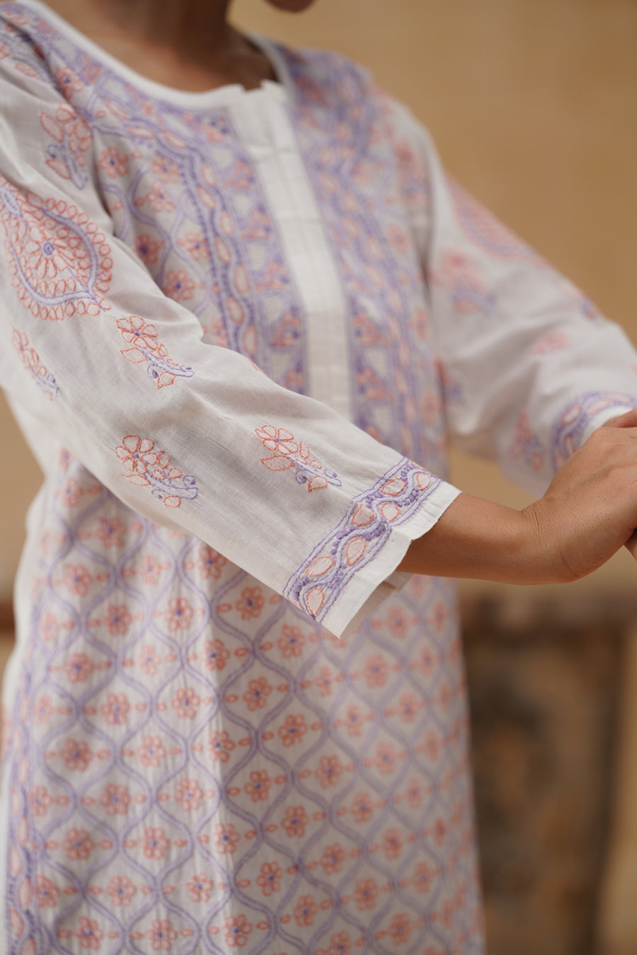 Cotton Long Kurti - White & Lilac