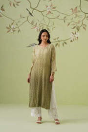 Muslin Chikankari Long Kurti - Ombre Sage Green