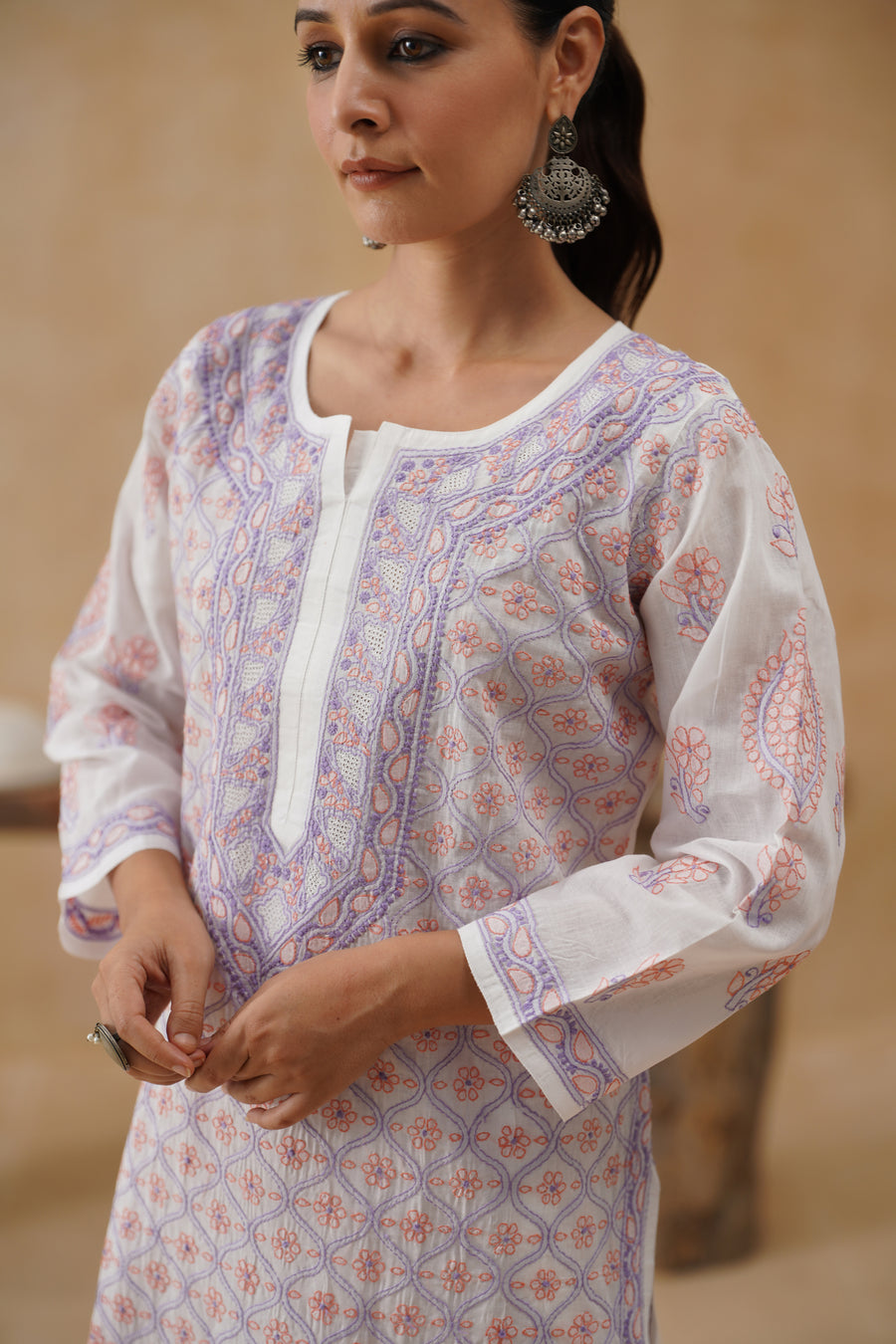 Cotton Long Kurti - White & Lilac