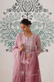 Chikankari Mul Chanderi 3pc Suit - Ombre Dusty Rose