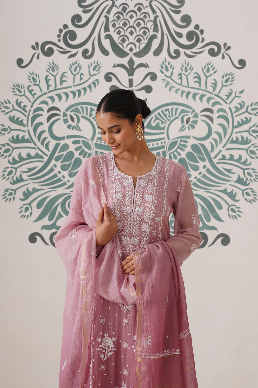 Chikankari Mul Chanderi 3pc Suit - Ombre Dusty Rose