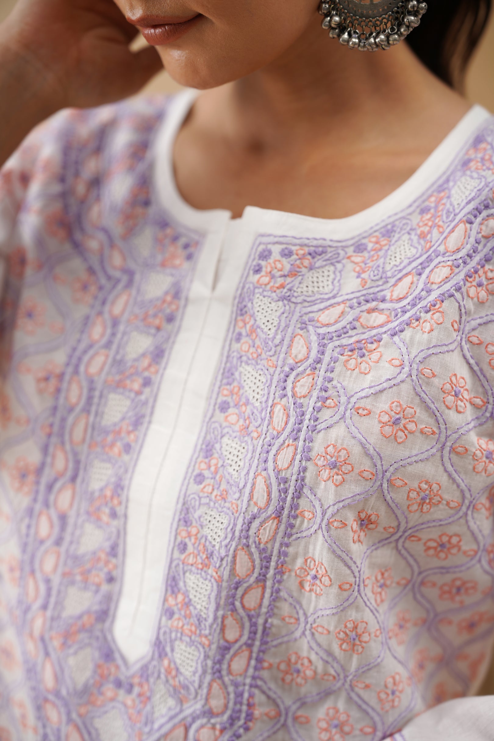Cotton Long Kurti - White & Lilac