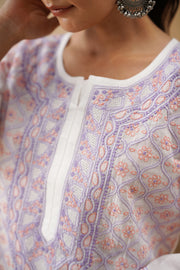 Cotton Long Kurti - White & Lilac