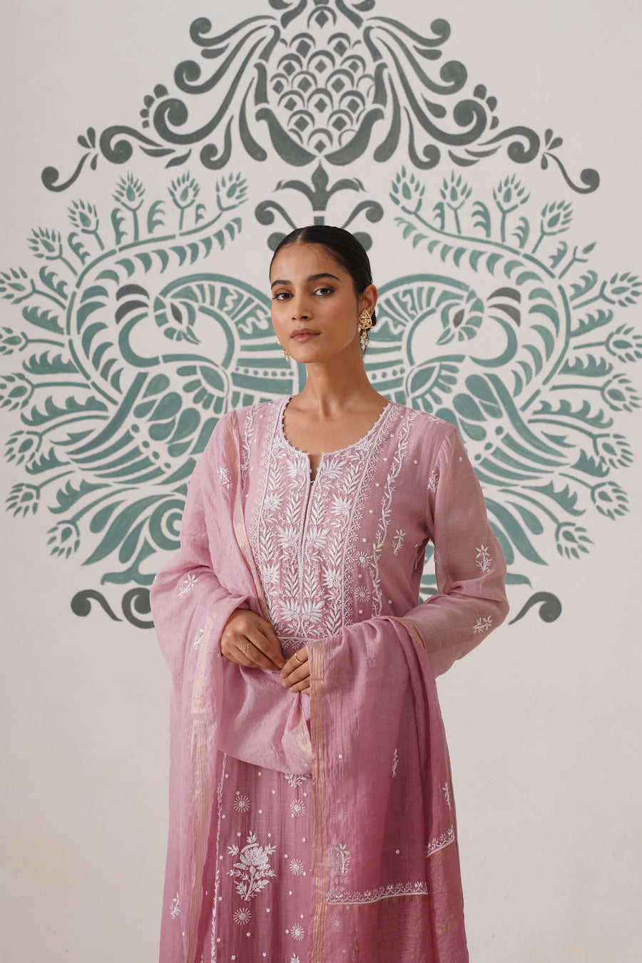 Chikankari Mul Chanderi 3pc Suit - Ombre Dusty Rose