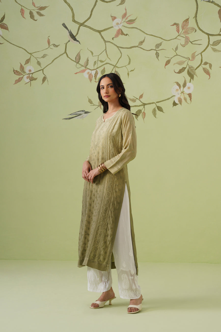Muslin Chikankari Long Kurti - Ombre Sage Green