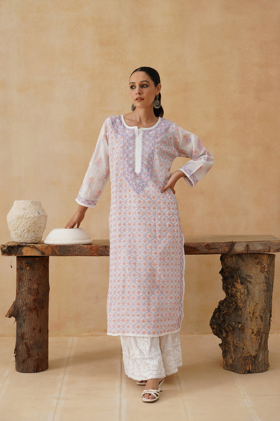 Cotton Long Kurti - White & Lilac