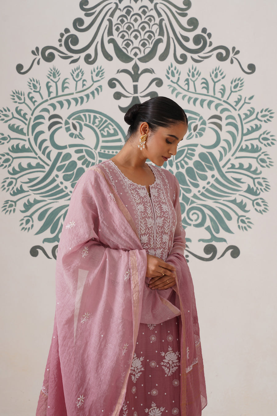 Chikankari Mul Chanderi 3pc Suit - Ombre Dusty Rose