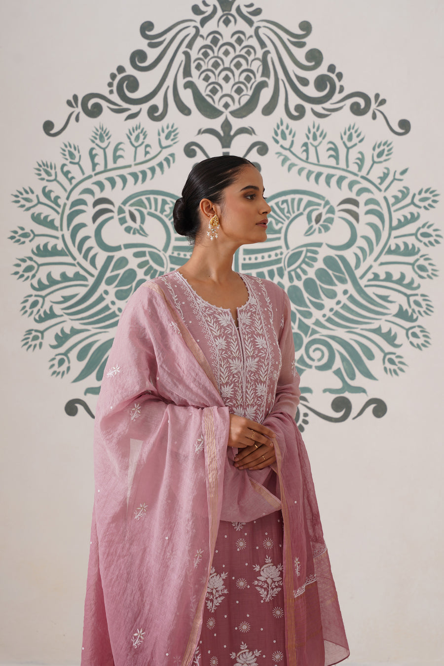 Chikankari Mul Chanderi 3pc Suit - Ombre Dusty Rose