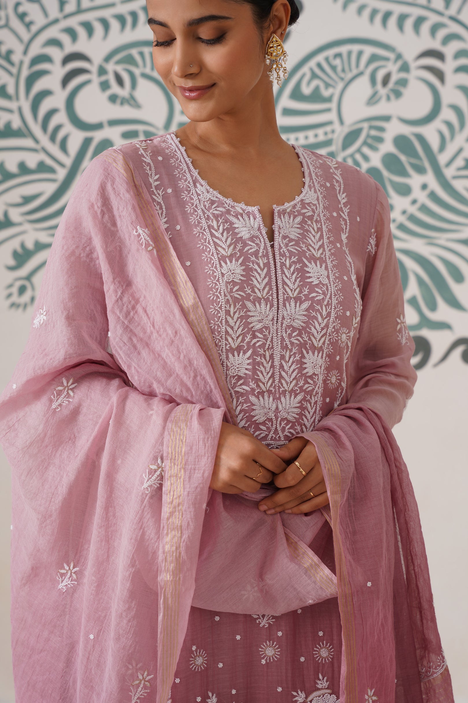 Chikankari Mul Chanderi 3pc Suit - Ombre Dusty Rose