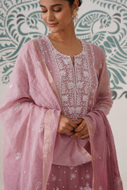 Chikankari Mul Chanderi 3pc Suit - Ombre Dusty Rose