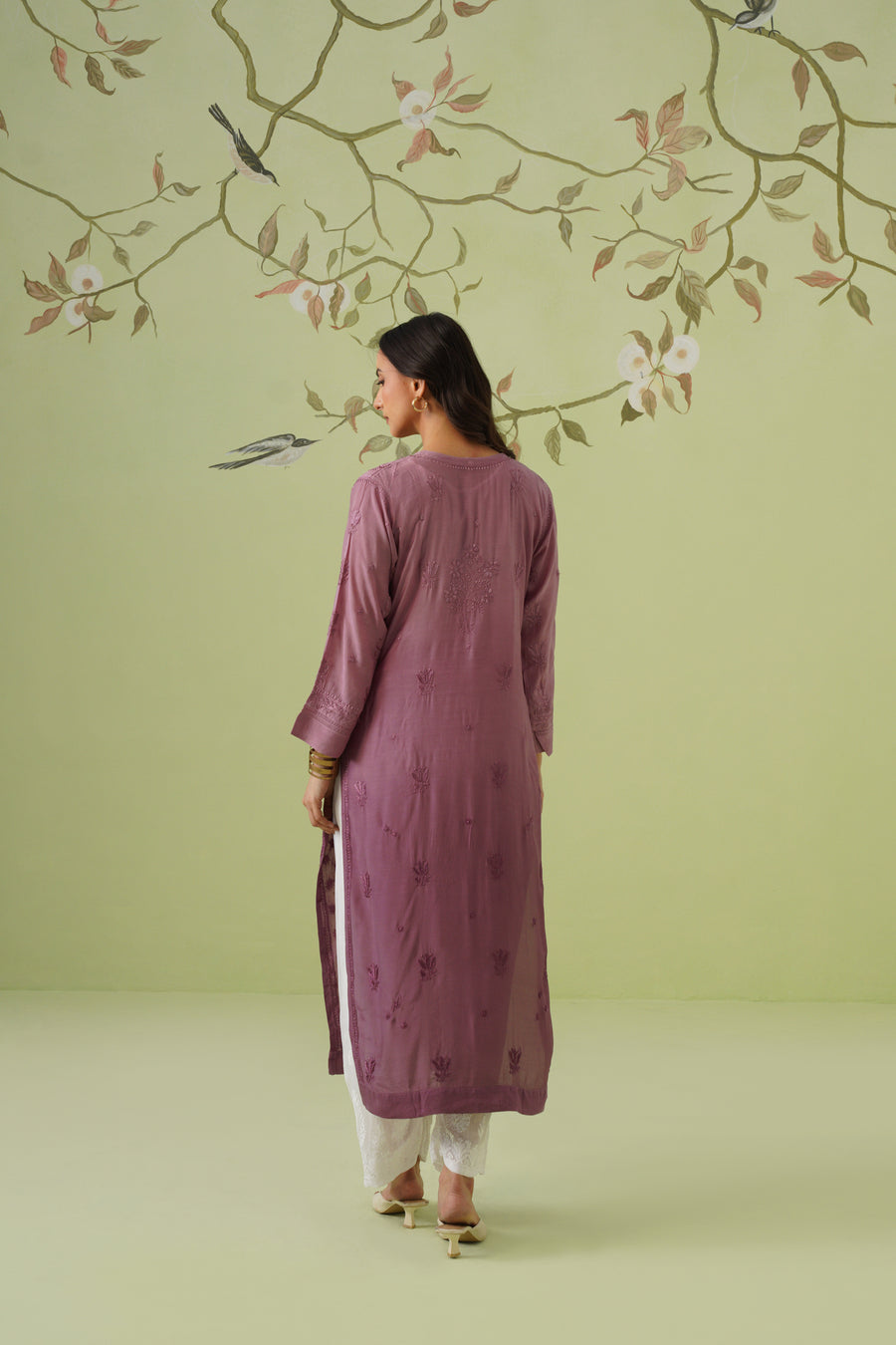 Muslin Chikankari Long Kurti -  Dusty Mauve