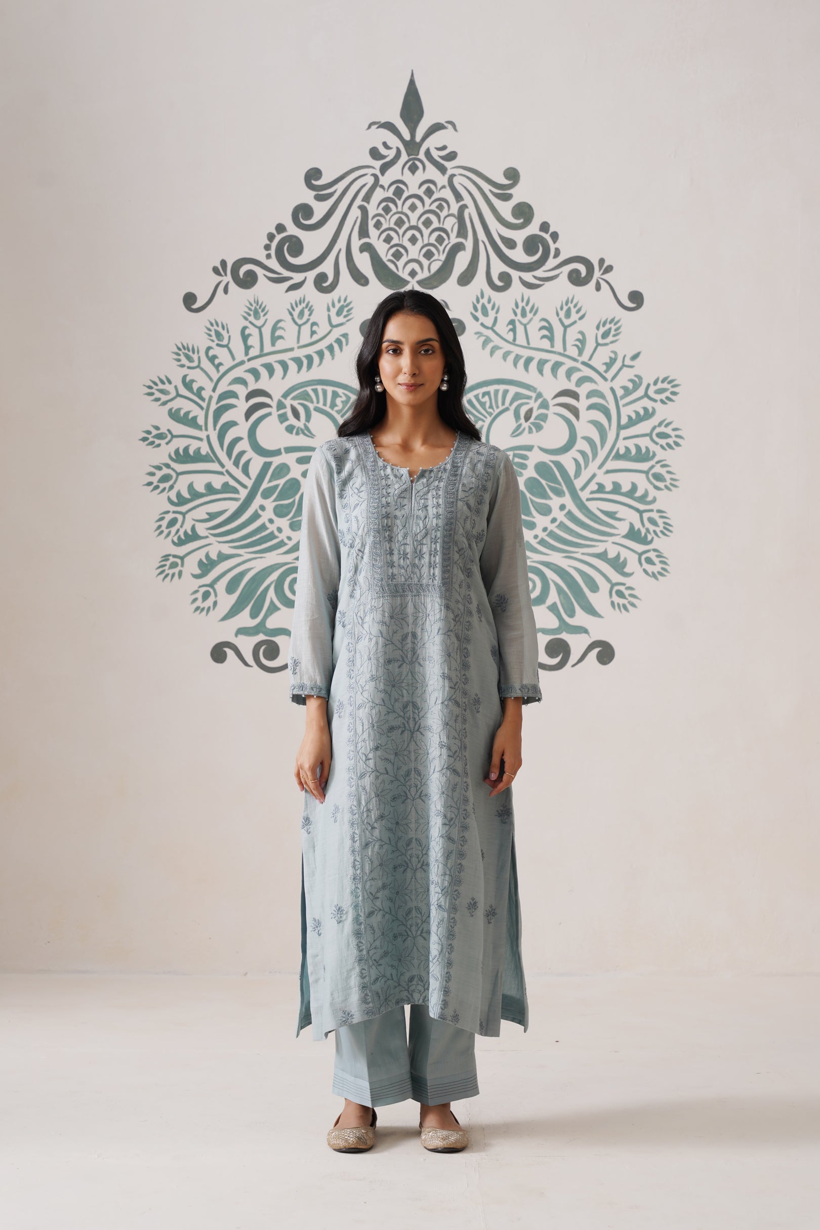 Chikankari Mul Chanderi 3pc Suit - Bluish Grey
