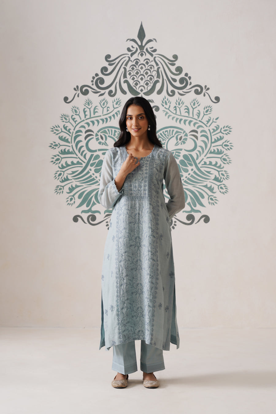 Chikankari Mul Chanderi 3pc Suit - Bluish Grey