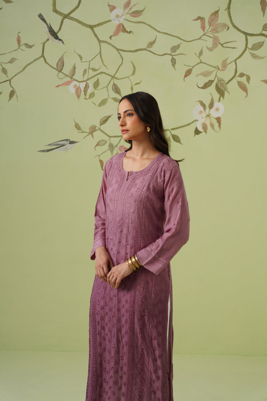 Muslin Chikankari Long Kurti -  Dusty Mauve