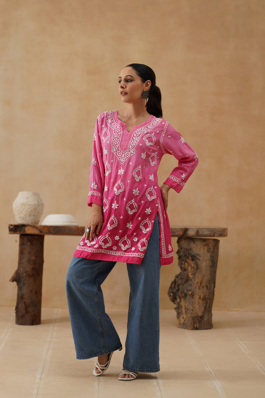 Mul Short Kurti with Jaali - Pink Ombre