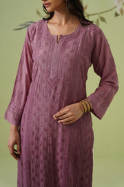 Muslin Chikankari Long Kurti -  Dusty Mauve