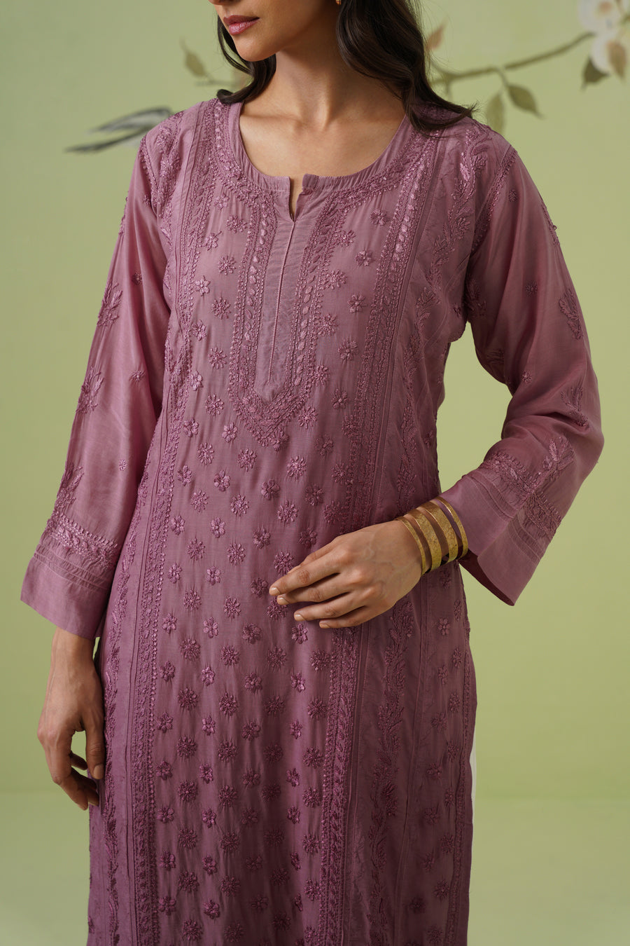 Muslin Chikankari Long Kurti -  Dusty Mauve