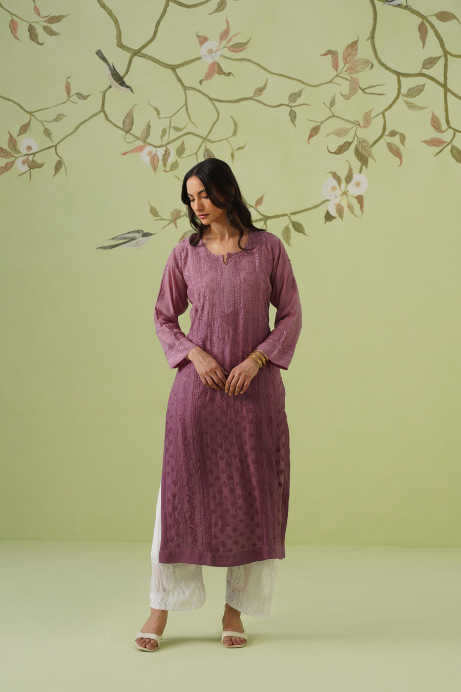 Muslin Chikankari Long Kurti -  Dusty Mauve