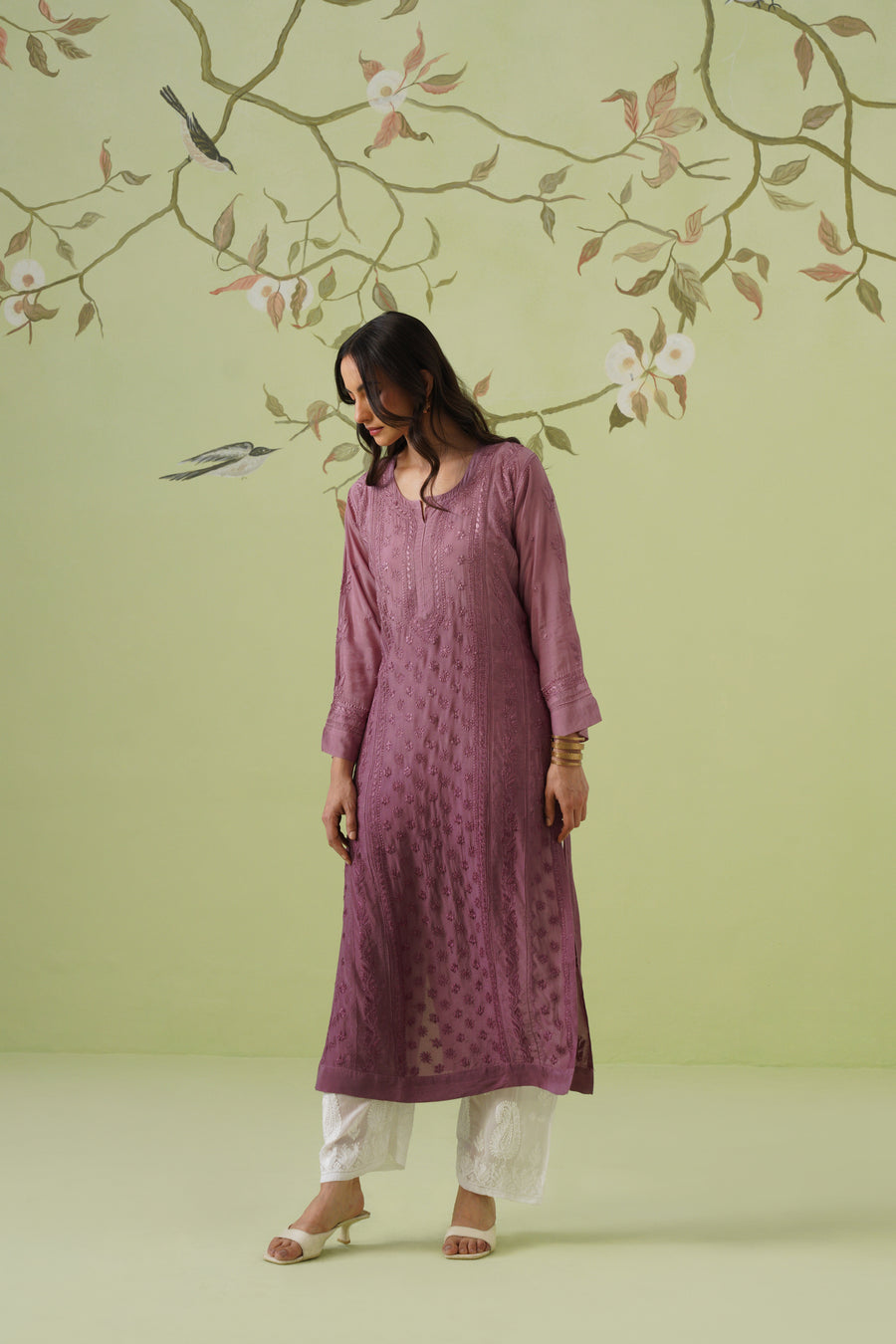 Muslin Chikankari Long Kurti -  Dusty Mauve