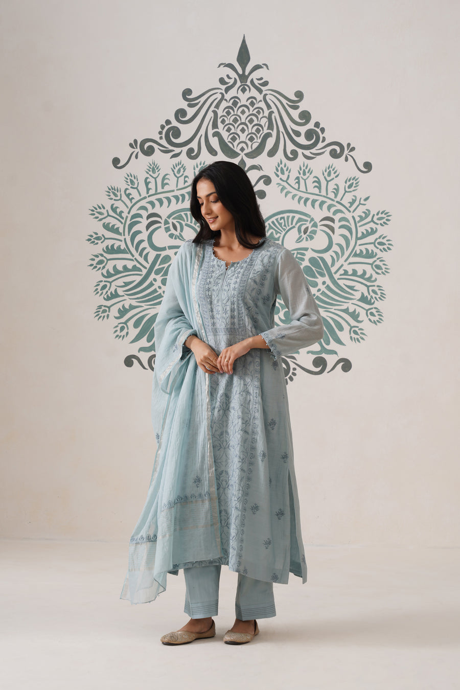 Chikankari Mul Chanderi 3pc Suit - Bluish Grey