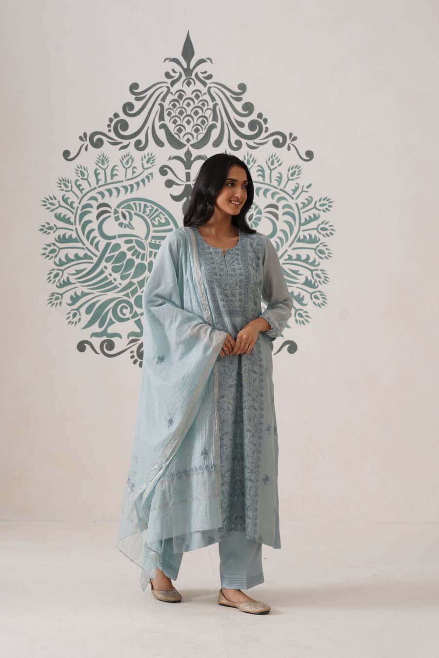 Chikankari Mul Chanderi 3pc Suit - Bluish Grey