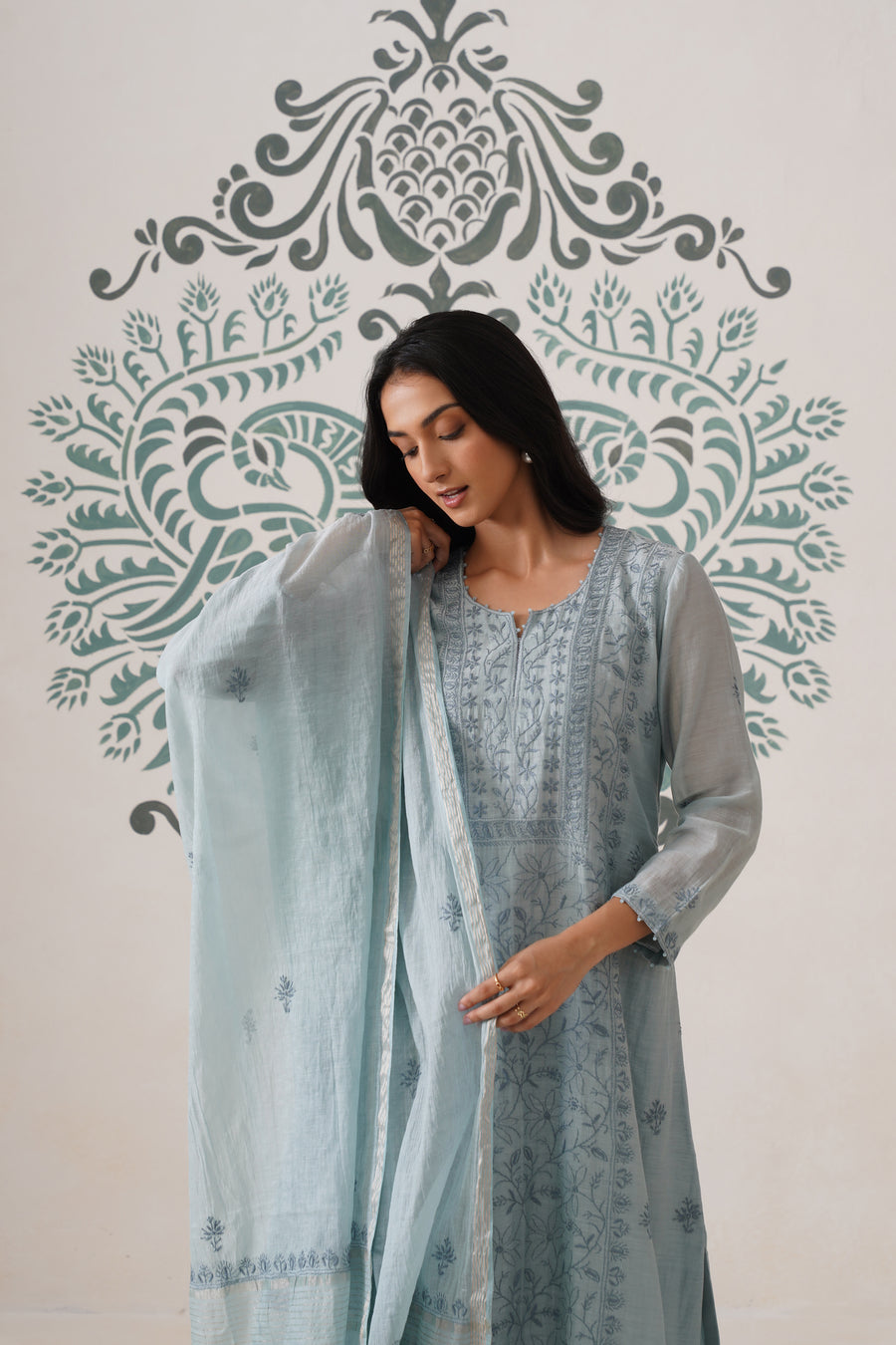 Chikankari Mul Chanderi 3pc Suit - Bluish Grey