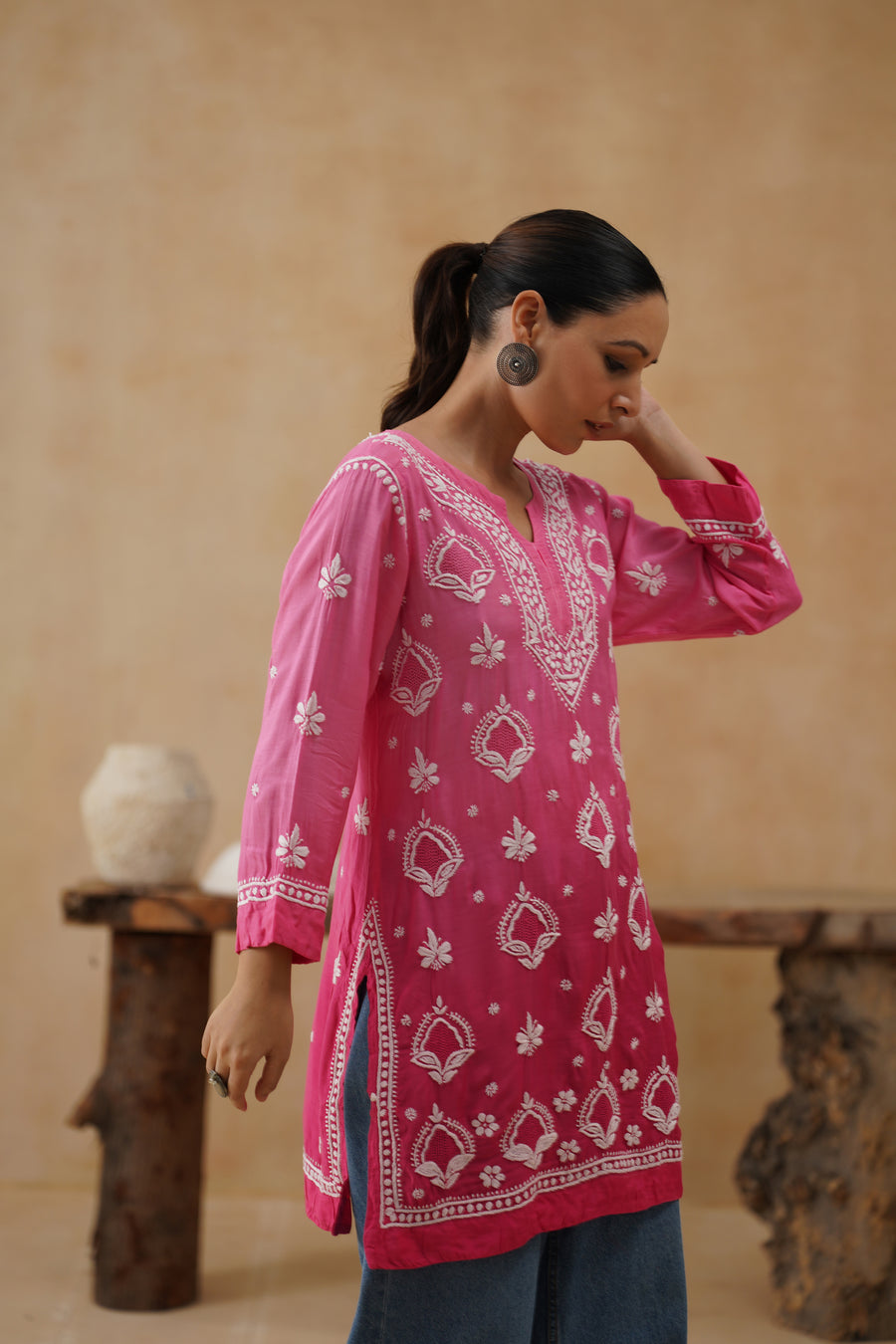 Mul Short Kurti with Jaali - Pink Ombre