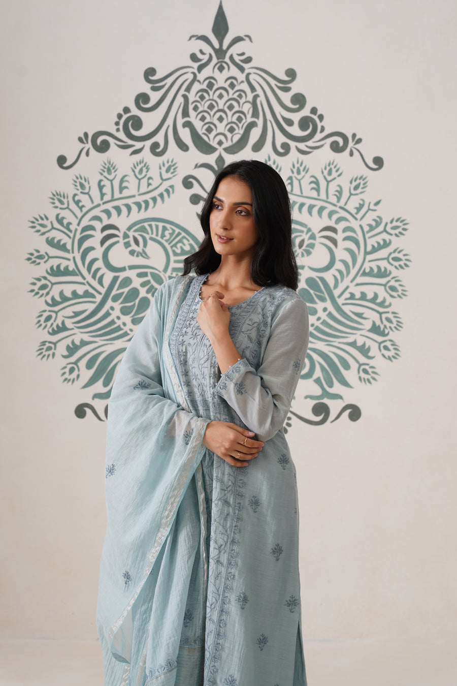 Chikankari Mul Chanderi 3pc Suit - Bluish Grey