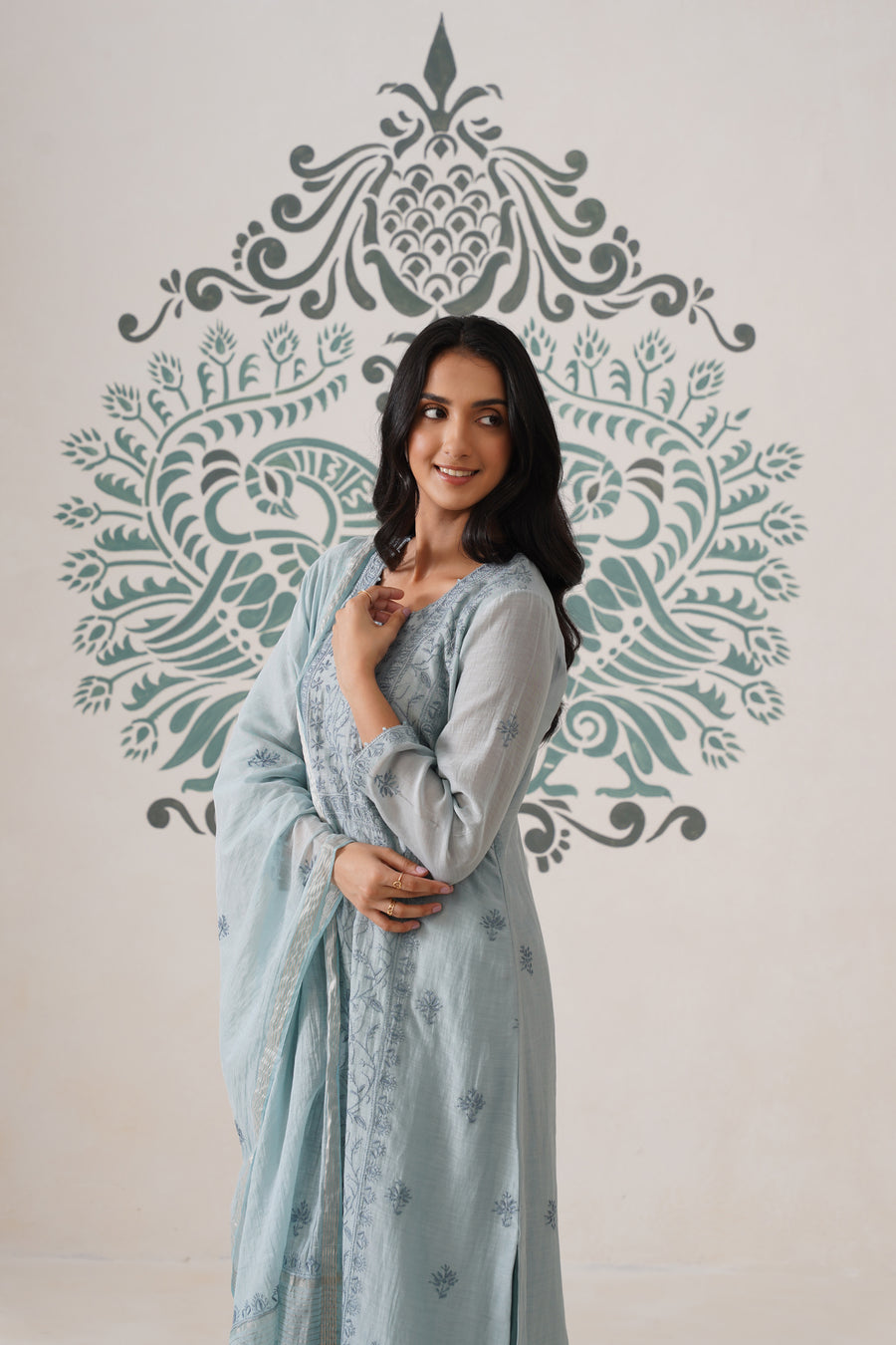 Chikankari Mul Chanderi 3pc Suit - Bluish Grey