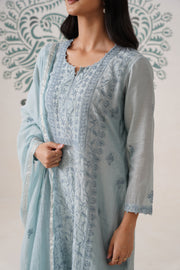 Chikankari Mul Chanderi 3pc Suit - Bluish Grey