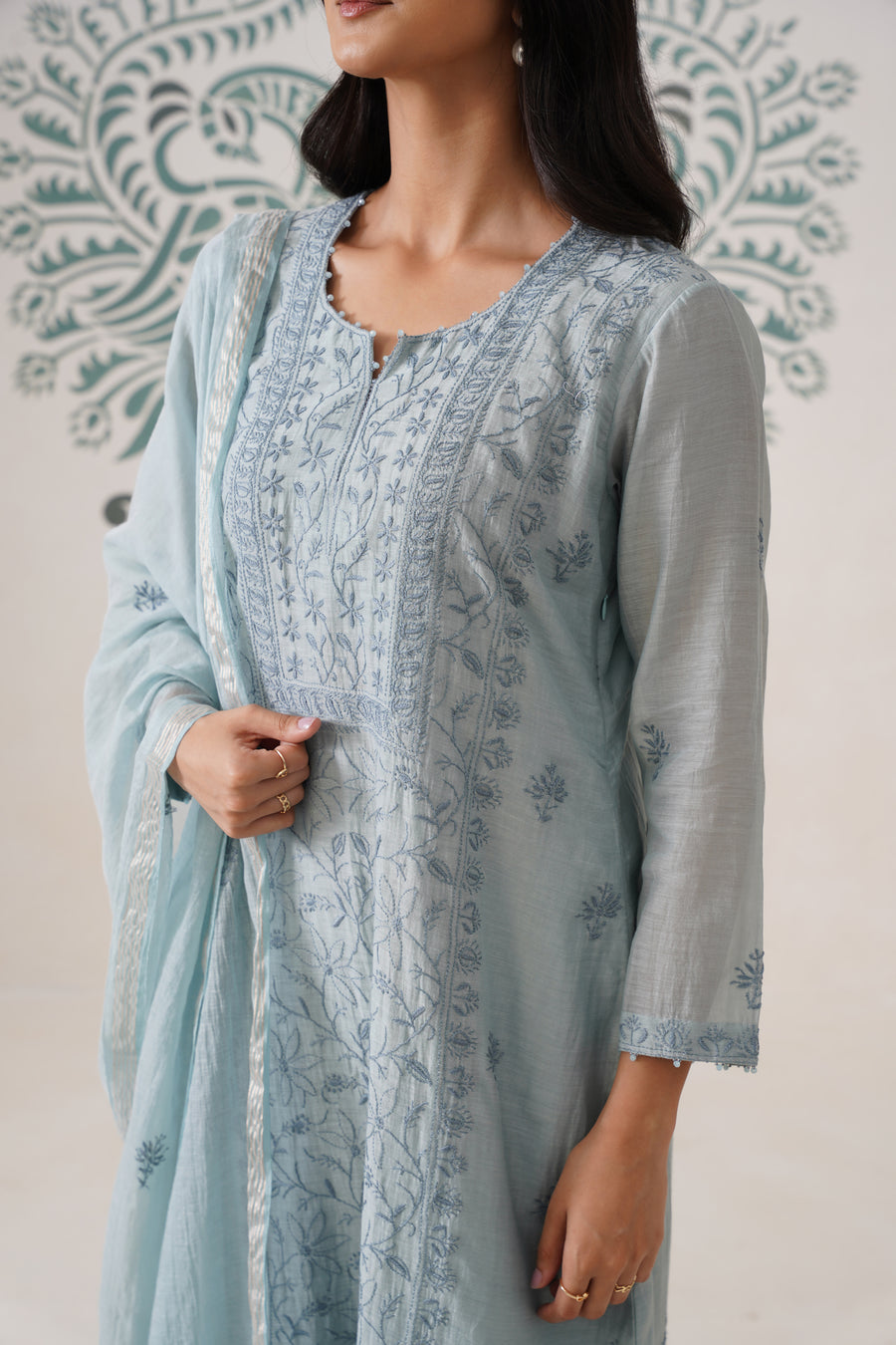 Chikankari Mul Chanderi 3pc Suit - Bluish Grey