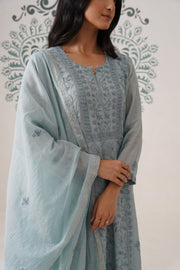 Chikankari Mul Chanderi 3pc Suit - Bluish Grey
