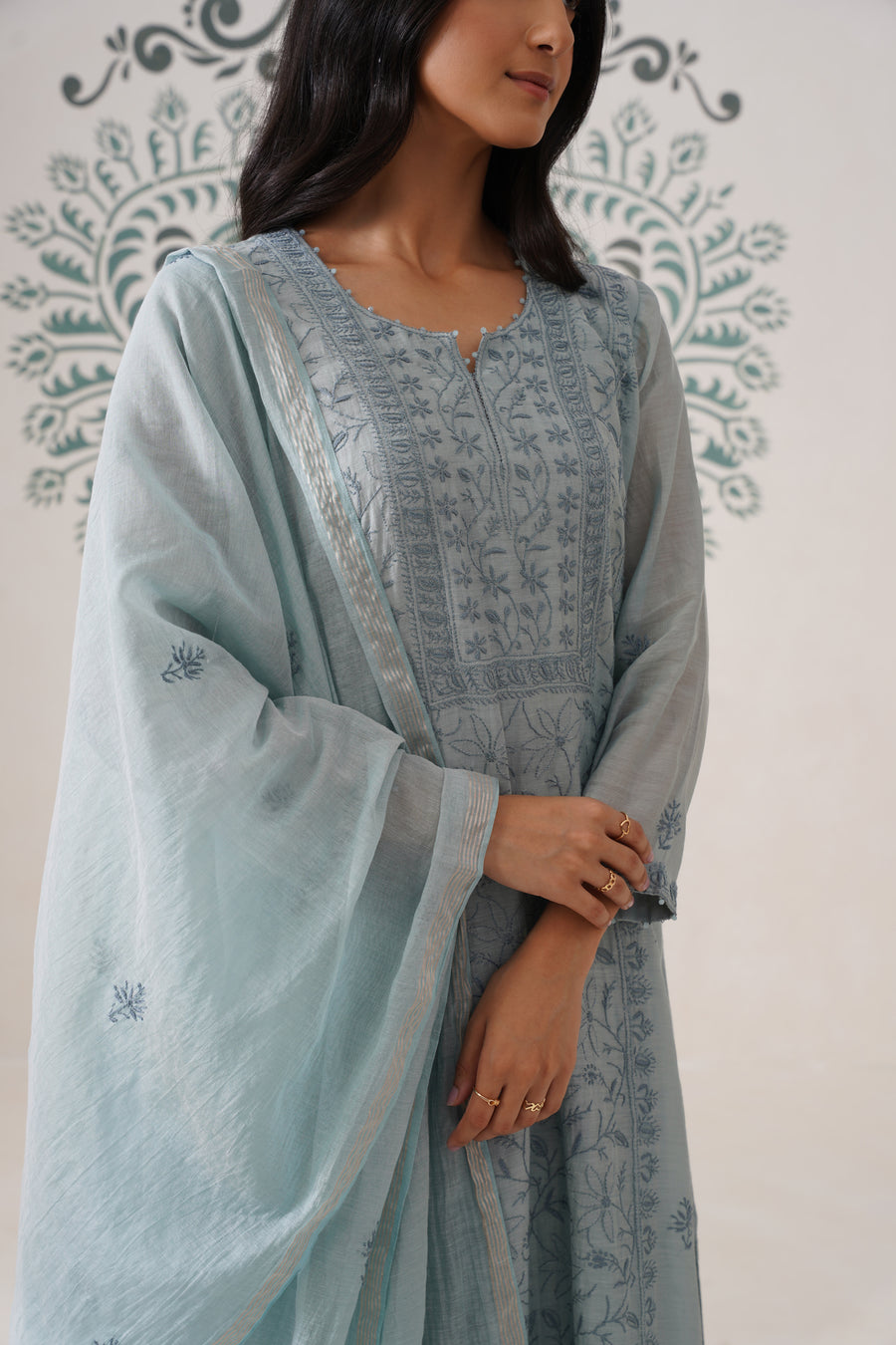 Chikankari Mul Chanderi 3pc Suit - Bluish Grey