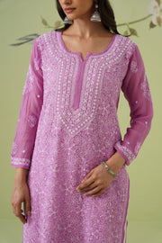 Mul Chanderi Chikankari Long Kurti - Blush Mauve