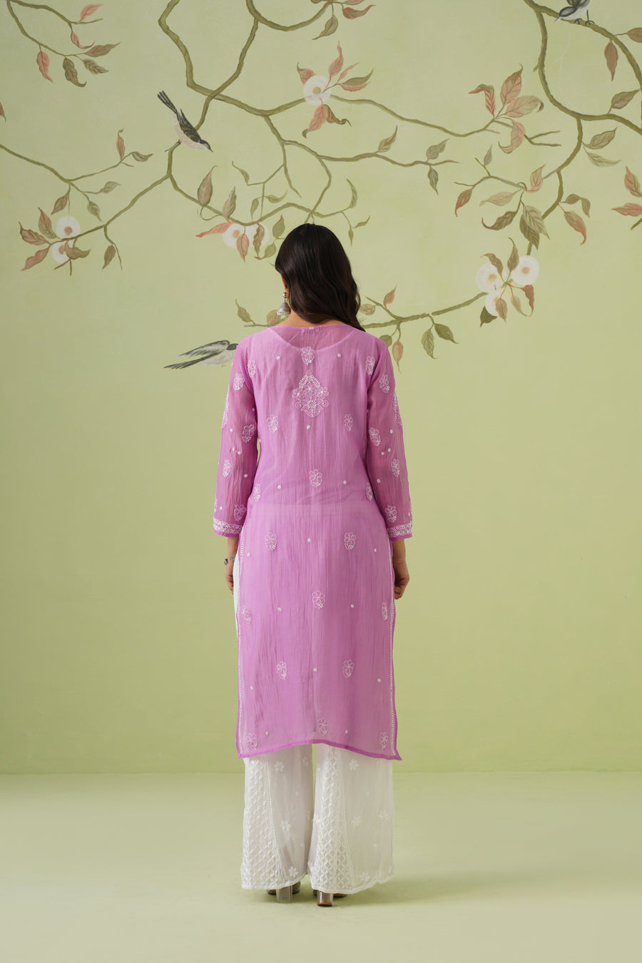 Mul Chanderi Chikankari Long Kurti - Blush Mauve