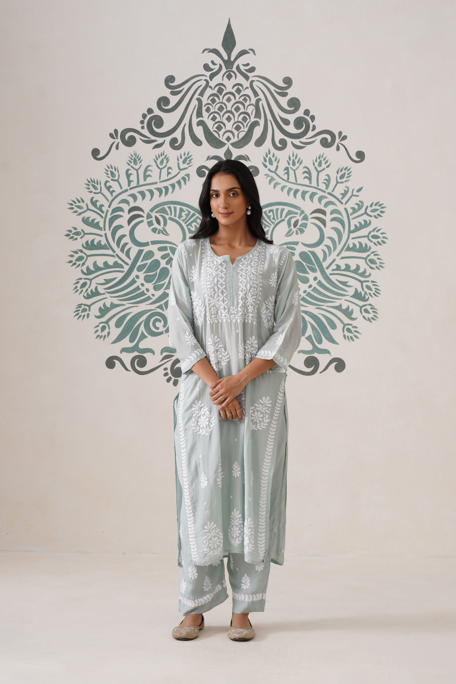 Chikankari Mul Chanderi Coord Set - Mint Green